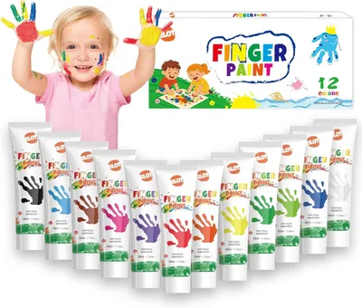 Zdjęcie produktu dla Farby do malowania palcami, zestaw 12 kolorów (36 ml), nietoksyczne i zmywalne, przeznaczone dla dzieci. Farby bezpieczne dla dzieci i niemowląt, idealne do malowania dłoni i stóp