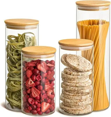 Produktbild von Glasdosen mit Bambudeckel, 4er-Set, luftdicht, spülmaschinenfest, Küche