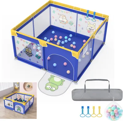 Image de Parc pour bébé LARS360 127 x 127 cm, Bleu avec motifs d'animaux, aire de jeux avec base antidérapante, tente de jeu portable et barrière de protection pour bébé