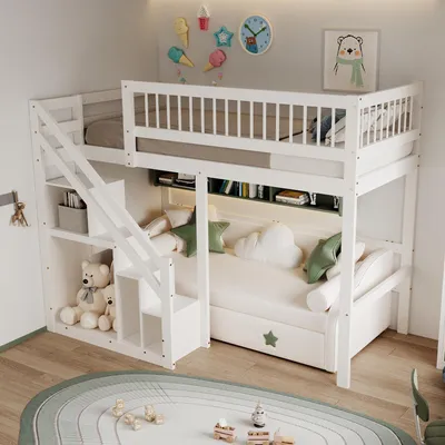 Produktbild von Hochbett 90*200, Treppe mit Aufbewahrungsschrank, Kinderbett, Jugendbett, Einzelbett, Massivholzbett, weiß