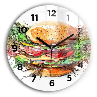 Produktbild von Wallfluent Große Wanduhr – Stilles Quarzuhrwerk - Uhr Dekoration Wohnzimmer Schlafzimmer Küche - Zifferblatt - schwarze Zeiger - 60 cm - XXL-Käse-Burger