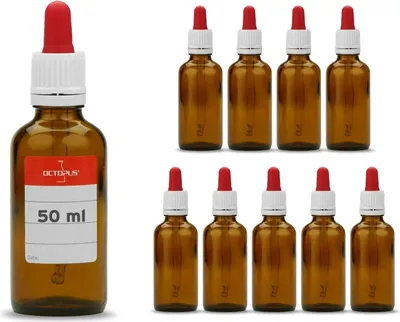 Produktbild von 10 Braunglasflaschen 50 ml, G18, Glaspipette lang, Gummikappe rot