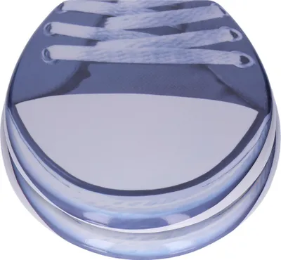 A close-up, top-down view of a toilet seat designed to look like the front of a blue sneaker.