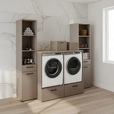 Produktbild von Hauswirtschaftsraum-Set in beige mit Eiche, Umbauschrank für Waschmaschine und Trockner, 2 Hochschränke, 3-teilig - RISAN-83