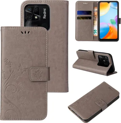 A collage of images showing a flip phone case from different angles, including its interior card slots and how it stands.