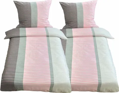 Produktbild von 4 tlg Bettwäsche 155x220 Mikrofaser Deckenbezug Bettbezug n Grau Rosa Gestreift