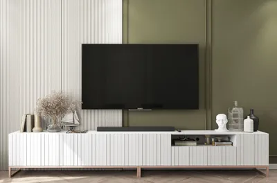 Obrázek produktu pro TV skříňka Glamour Elpis + Elpis 2 Komoda Moderní Nábytek Lindner 300cm x 51,5cm x 36,5cm Barva: bílý matný Rámy: Měděné kovové