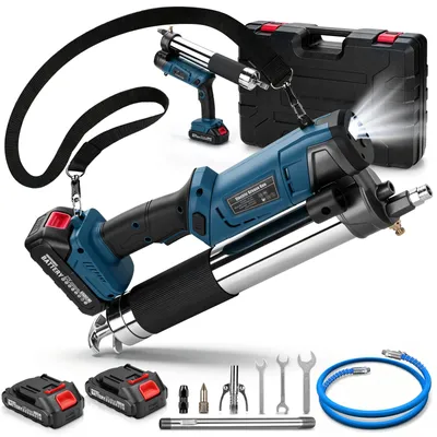Image de Pistolet à graisse électrique 2-en-1, 12000 PSI, avec 2 batteries de 2,0 Ah, incluant un interrupteur LED, un tuyau de 1 mètre, 3 embouts, un adaptateur à 90°, pour usage domestique et bricolage