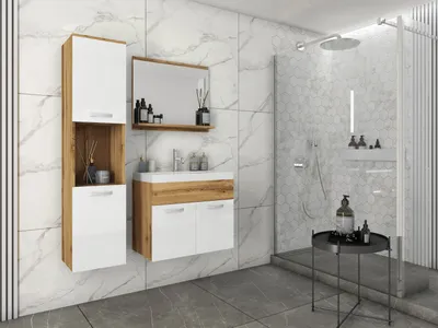 Produktbild von Minio, Badmöbel Set "MONAL", 3-Teilig, mit Waschbecken, mit Spiegel, Badezimmer, Weiß Glanz / Wotan Eiche Farbe