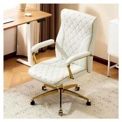 Produktbild von Ergonomischer Bürostuhl aus Kunstleder, Chefsessel, Schreibtischstuhl mit hoher Rückenlehne, gepolsterten Armlehnen, höhenverstellbar und Neigefunktion, Beige
