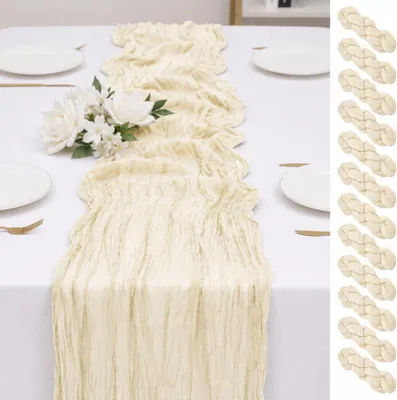 Produktbild von 12 beige Käsetuch-Tischläufer, 45x275 cm, Boho-Gaze | Durchscheinend und leicht; gekräuselte Struktur; weiches Käsetuch; waschbar; für Hochzeiten und Feiern; stilvolle Wohndekoration