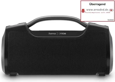 A black portable Bluetooth speaker with a handle is shown against a white background. A small inset box with text and a logo is in the top right corner.