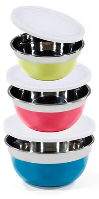 Produktbild von 3tlg. KING® Schüsselset AROMI / 3x Edelstahl- Schüsseln mit Frischhalte-Deckel / Schüsselgrößen ca. Ø14cm, Ø16cm, Ø18cm / Füllmengen ca. 350ml, 650ml, 1200ml / Material: Edelstahl / Farben: blau, rot, grün