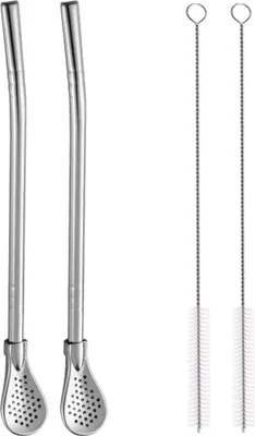 Produktbild von 2 Stück Edelstahl-Strohhalm-Filterlöffel, wiederverwendbarer Teesieblöffel, Filter-Trinkhalme mit Reinigungsbürste, doppelseitiger Teehalm für Kaffee-Cocktail