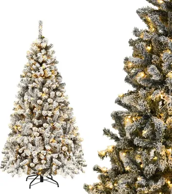 A flocked artificial Christmas tree with warm white LED lights and a metal stand, shown against a white background. A close-up of the tree is also visible on the right.