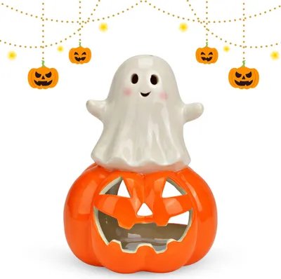 Produktbild von Keramik Windlicht Geist & Kürbis, Weiß, Halloween Deko, 12 cm