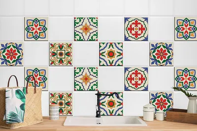 Produktbild von 24 Stück Laminierter Sticker Aufkleber Küchen Wandfliesen Bad Deko Motive Buntes Dorf 20 x 20 cm