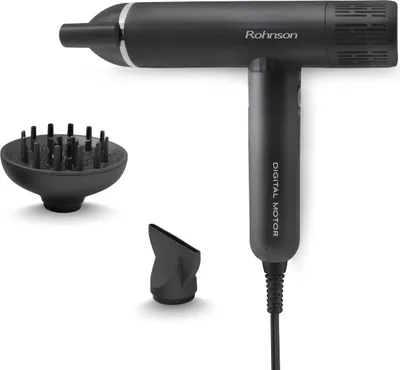 A black Rohnson R-682 Electra hairdryer with two attachments, a diffuser and a concentrator nozzle, is displayed against a white background.