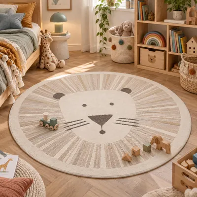 Produktbild von Kinder Teppich Happy Kids Löwe Beige Rund, Größe:120 cm Rund