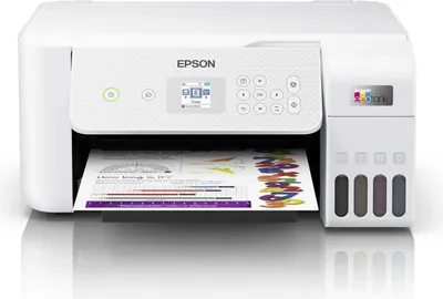 A white Epson printer is shown from the front, printing a document.