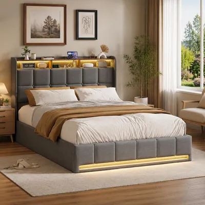 Zdjęcie produktu dla Łóżko tapicerowane INONEFT, 140x200 cm, z oświetleniem LED i portami USB, łóżko młodzieżowe, jednoosobowe, z pojemnikiem na pościel, zagłówek, łóżko typu box spring z podnoszanym materacem, kolor: szary, Obraz wygenerowany przez AI