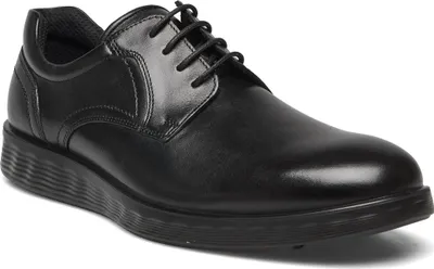 A black leather shoe on a white background.