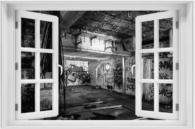 Produktbild von Wallario Wandbild mit Fenster-Illusion: Alte verlassene Fabrik in schwarz weiß mit Graffiti, Größe: 61 x 91,5 cm, Poster mit weißem Aluminiumrahmen