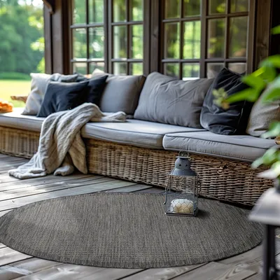 Produktbild von Outdoor Teppich Wetterfest Terrasse Balkon Garten Küchenteppich Einfarbiges Design Flachgewebe Sisal Look Waschbarer Teppich Verschiedene Große : 200 X 200 cm , Farbe : Schwarz