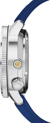 Side view of a watch with a blue strap.