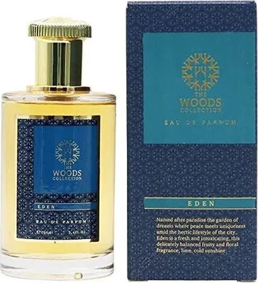 A perfume bottle and its packaging are displayed side-by-side against a white background.