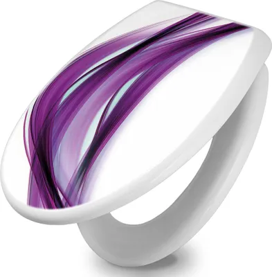 A white toilet seat with a purple abstract design.