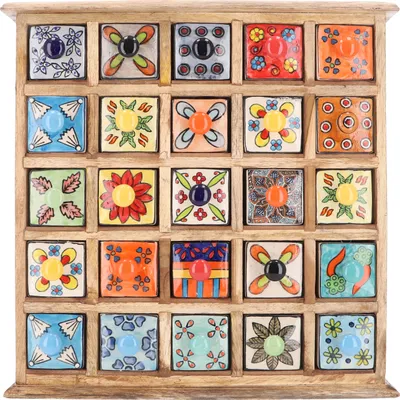 Produktbild von Apothekerschränkchen mit Bunten Keramik Schubfächern, Gewürzkiste - 5*5 Fächer, Braun, Holz, 40*38*10 cm, Dosen, Boxen & Schatullen