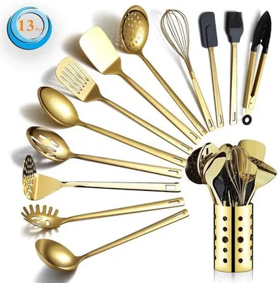 Productafbeelding van Ibenzoa® 13-delig luxe roestvrijstalen kookgerei-set met titanium afwerking, spiegelglad gepolijst, geschikt voor contact met voedsel – inclusief houder