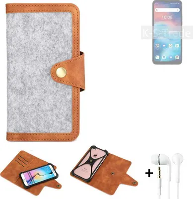 Produktbild von K-S-Trade Handyhülle + Kopfhörer kompatibel mit UMIDIGI C1 Schutzhülle Filz Hülle Kunstleder hellgrau braun (1x)