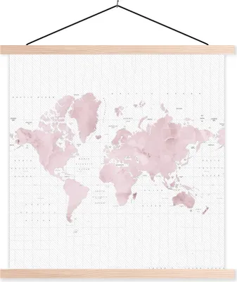 Produktbild von MuchoWow® Textilposter Weltkarte - Rosa - Marmor 120x120 cm mit holzfarbenen Rahmen - Textil-Poster
