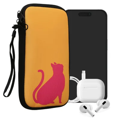 Produktbild von kwmobile Handytasche für Smartphones XXL - 7" - Neopren Handy Tasche Hülle Cover Case Schutzhülle - Umriss Katze Pink Honiggelb - 17,7 x 8,5 cm