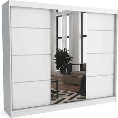 Produktbild von Brent - Kleiderschrank mit Spiegel Tom, Schlafzimmerschrank mit 1 Kleiderstange und Einlegeböden für Kleidung, 250x215x60 cm, Weiß