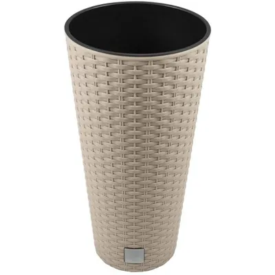 A tall, woven-textured planter pot with a black interior, shown against a white background.