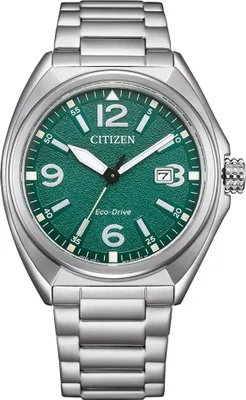 A close-up studio shot of a men's wristwatch with a green dial and silver metal band.