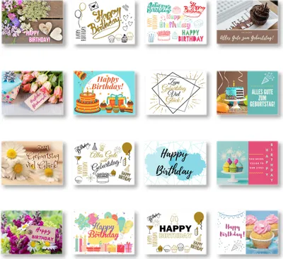 Produktbild von Domelo Geburtstagskarten 16er Set mit Umschlag, Happy Birthday Postkarten, Kraftpapier Karten zum Geburtstag, Geburtstagskarte für Mann/ Frau/ Kinder, Postkarte als Grußkarten