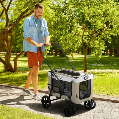 Produktbild von Hundebuggy klappbar mit abnehmbarer Transportbox EVA-Räder Bremsen Sicherheitsleinen Schwarz Khaki WeiØ 81 x 58 x 97,5 cm
