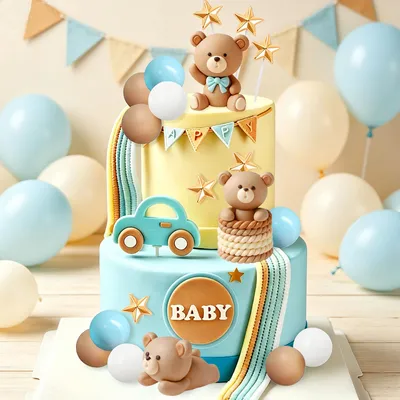 Produktbild von Tortendekoration Bär blau, goldene Kugeln, für Babyfeier, Geburtstag, 1 Stück