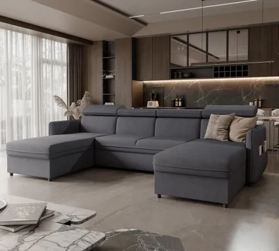Produktbild von IDOHOME-Ecksofa Beni mit Schlaffunktion Couchgarnitur Ecke Bettcouch U-Form Sofa mit Relaxfunktion und Kopfstützen Wohnzimmer Bettsofa Soro 97 Grau