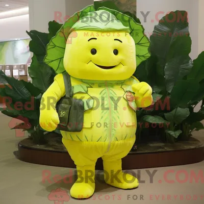 Immagine prodotto di Personaggio mascotte REDBROKOLY del costume della foglia di cavolo giallo vestito con bermuda e portafogli