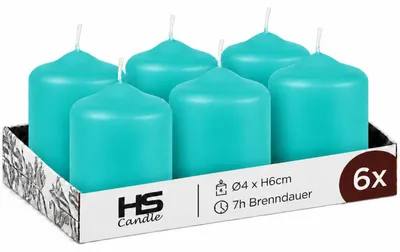 Produktbild von Stumpenkerzen Türkis Ø4xH6 cm 6er-Pack – unbeduftete Blockkerzen, Wachskerzen ca. 7 Std. Brenndauer, für Tischdeko, Advent und Feste