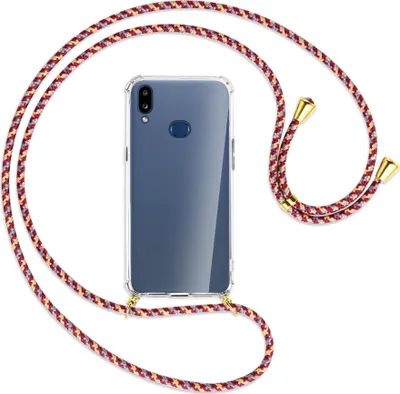 Produktbild von Handykette Backcover-Schutzhülle mit Band (Metall goldfarben) für Samsung Galaxy A10s - weinrot/gelb/grau