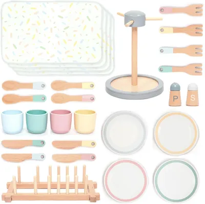 Immagine prodotto di Cucina da gioco accessori da cucina per bambini in legno, set di stoviglie da 33 pezzi con tazze, cucina da gioco