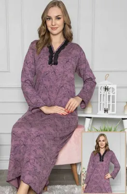 Produktbild von Damen Nachthemd Tunika Pyjama Schlafanzug Lila L Lang Nachtwäsche mit Muster S-57