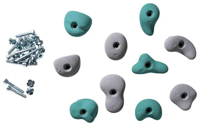 Klettergriffe Komplettset für Kinder mit türkisfarbenen und grauen Griffen sowie Schrauben von Kletterbude.