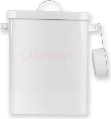 Immagine prodotto di Scatola per detersivi Intirilife con coperchio e cucchiaio dosatore in bianco - 1,8 litri - Scatola in metallo per detersivi con misurino - Coperchio in latta per lavanderia - Scatola contenitore per detersivi vintage